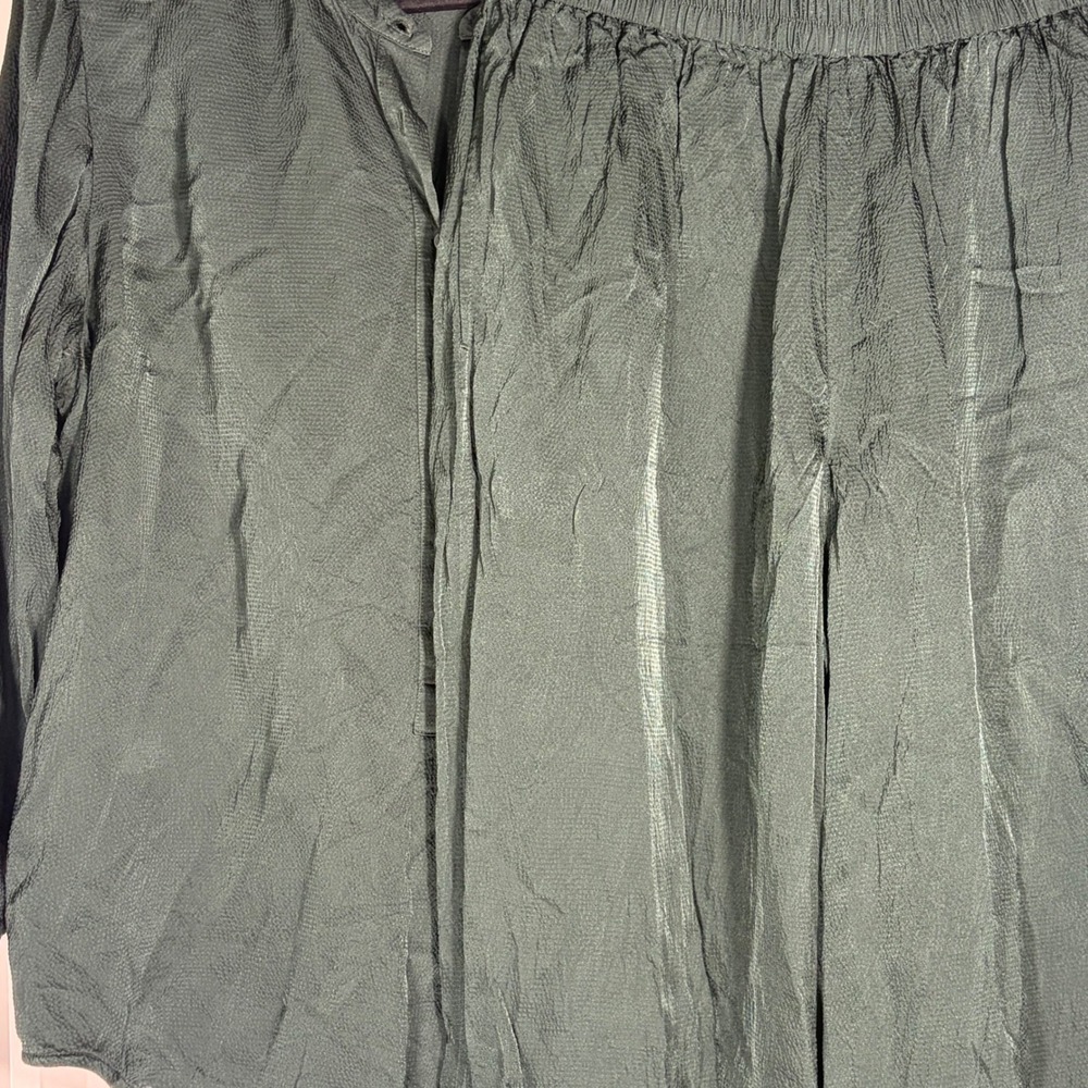 Everlane Green Textured Crinkle Button Down Shirt and Elastic Waist Pants Set